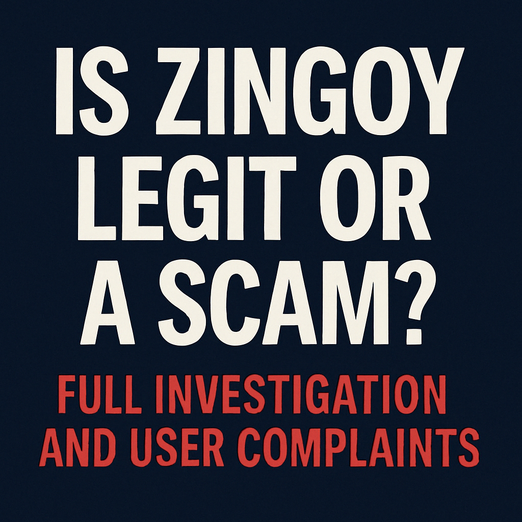 Dark blue banner with white text reading “Is Zingoy Legit or a Scam?” and red text below saying “Full Investigation and User Complaints.”